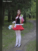 photo from the publication "In a fairy tale. Little red riding hood.", author Вовчик, Tags: [heels, , Anastasia (Nastya) V., stockings white, stocking tops visible, the skirt is very short, sandals, Little Red Riding Hood, plaits / braids, red skirt, Staged photography, squatting]