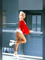 photo from the publication "Interauto-2019. Anna Kosyakova 3", author Kostya Romantikov, Tags: [exhibitions, dress white, shoes white, Moscow, Interauto and MIMS, Russia, blonde, fishnet pantyhose (tights) skin color, platform heels, lifting leg, dress very short (mini-dress), events, car show, events of 2019, Anna (Anya) Kosyakova]